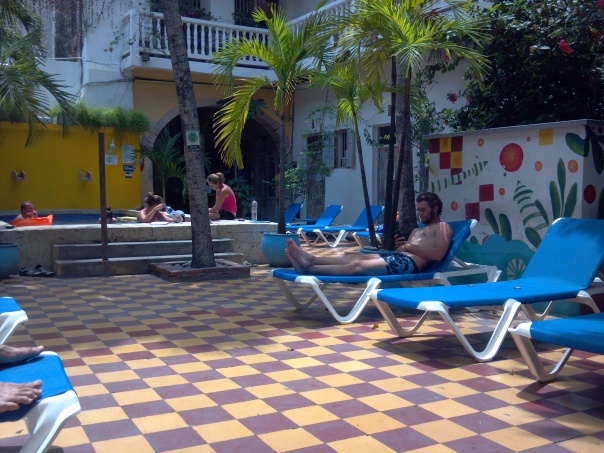 Lounging in our Cartagena Hostel.